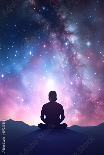 a man meditating under a galaxy sky