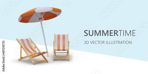 3d realistic cartoon sunbed and sunshade on blue background. Web poster with promo action for online store with place for text at summer season. Colorful vector illustration