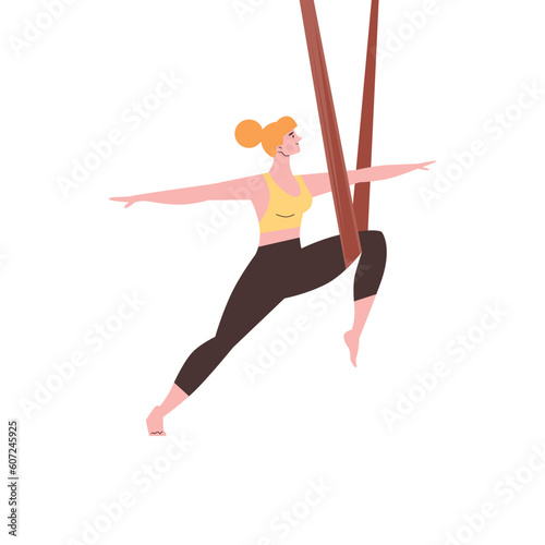 Woman exercising with hammock during aerial yoga class, flat vector illustration isolated on white background.