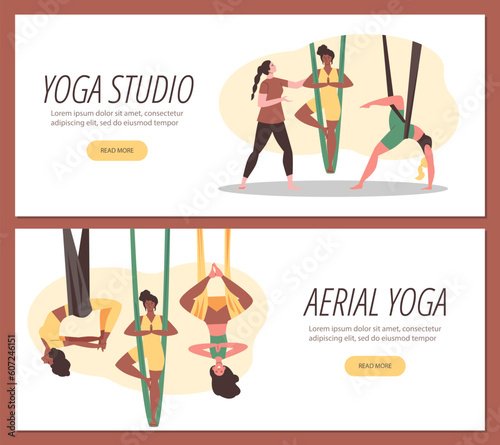 Set of website banner templates about aerial yoga flat style