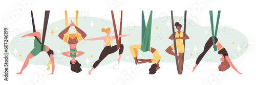 Set of happy beautiful women practicing aerial yoga flat style