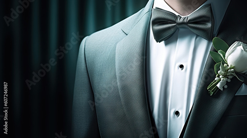 Elegance Unveiled Groom in Tuxedo and Bow Tie, Captivating the Essence of Style. created with Generative AI