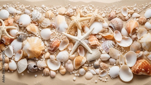 Sandy beach with collections of white and beige seashells Generative AI