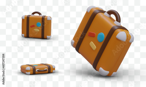 3d realistic suitcase with colored stickers in different positions. Travel luggage concept. Old style voyage suitcase. Luggage for journey. Vector illustration in orange color