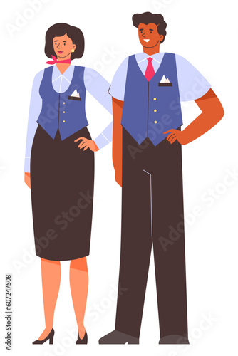 Stewardess and steward or air hostesses, flat vector illustration isolated.