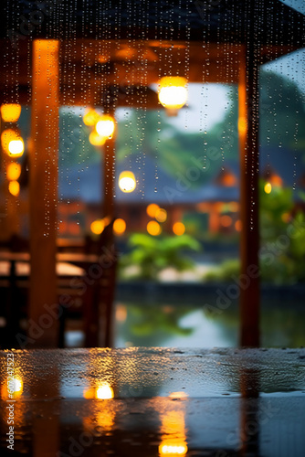 Photograph of resort in bali  taken at dusk on a rainy day  water beading on glass  camera focus on window. AI generative