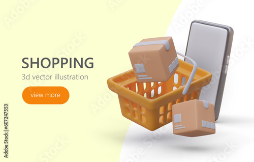 All purchases in one basket. Vector concept of online shopping. 3D shopping cart, smartphone, boxes. Advertising poster on colored background, with text and button