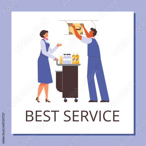 Airlines services banner with flight attendants, flat vector illustration.