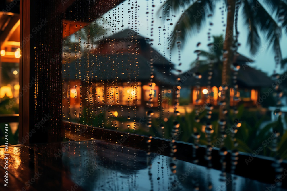 Obraz premium Photograph of resort in bali, taken at dusk on a rainy day, water beading on glass, camera focus on window. AI generative