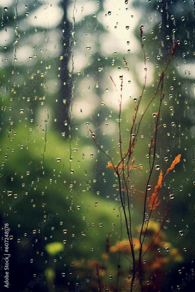 Photograph of summer forest, taken at dusk on a rainy day, water beading on glass, camera focus on window. AI generative