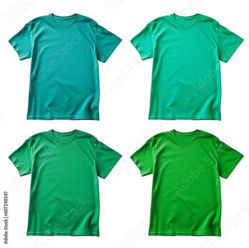 Set of green aqua tee t shirt round neck on transparent background cutout, PNG file. Mockup template for artwork graphic design