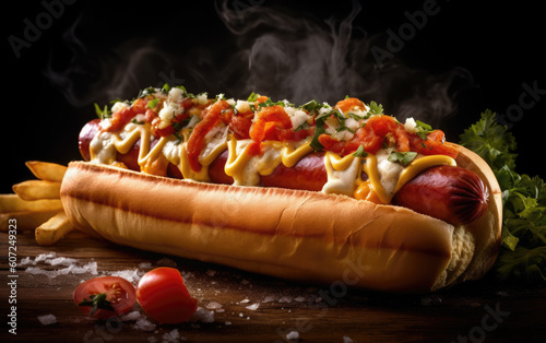Delicious Hot Dog with Mustard and Ketchup.  Created with Generative AI Technology
