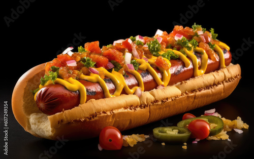 Delicious Hot Dog with Mustard and Ketchup.  Created with Generative AI Technology
