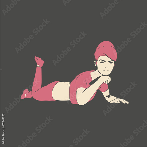 Lying woman. Sport girl illustration. Casual sportwear - t-shirt, breeches and sneakers. Young woman wearing workout clothes. Sport fashion girl outline in urban casual style.