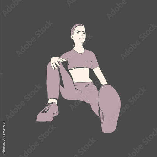 Sitting woman. Sport girl illustration. Casual sportwear - t-shirt, breeches and sneakers. Young woman wearing workout clothes. Sport fashion girl outline in urban casual style.