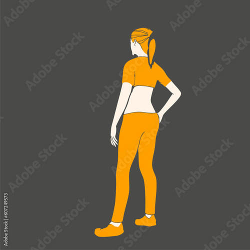 Standing woman. Sport girl illustration. Casual sportwear - t-shirt, breeches and sneakers. Young woman wearing workout clothes. Sport fashion girl outline in urban casual style. Back view