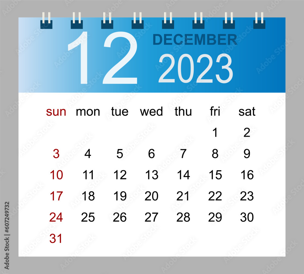 December 2023. Vector monthly calendar template 2023 year in simple