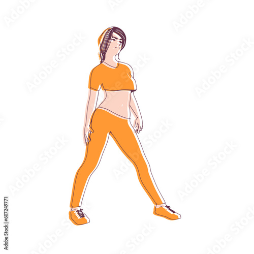Standing woman. Sport girl illustration. Casual sportwear - t-shirt, breeches and sneakers. Young woman wearing workout clothes. Sport fashion girl outline in urban casual style.