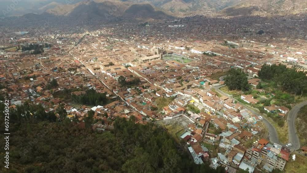 Aerial - Forward tilt down on historical city of cusco, peru. High altitude shot Aerial - Forward tilt down on historical city of cusco, peru. High altitude shot