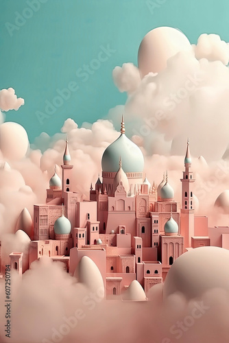 Generative AI illustration of Muslim City with many mosques floating in the sky surrounded by white clouds, the Muslim paradise