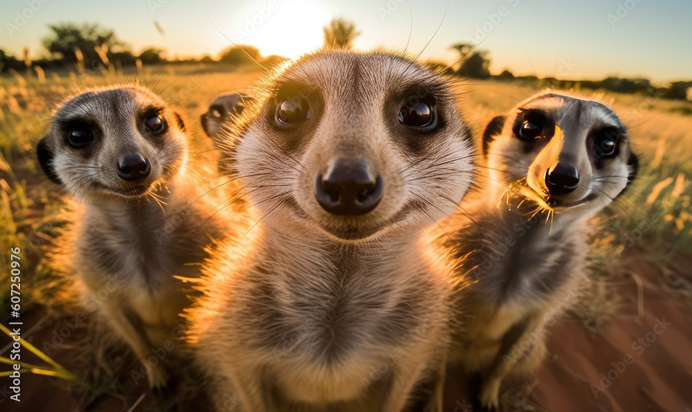Playful meerkat strikes a pose and snaps a delightful selfie. Creating using generative AI tools - obrazy, fototapety, plakaty 