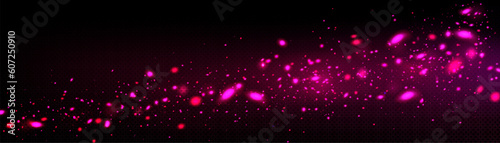 Pink firefly light glow flow. Star particle spell overlay on transparent background with dark space. Isolated fluorescent starlight bokeh vector effect illustration. Mysterious magic glitter sparkle.