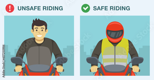 Safe and unsafe motorcycle riding. Close-up of a moto rider wearing helmet and vest. Flat vector illustration template.