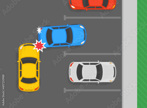 Safe parking tips and rules. Accident with approaching car on parking area. Top view of a moving reverse car collision. Flat vector illustration template. 