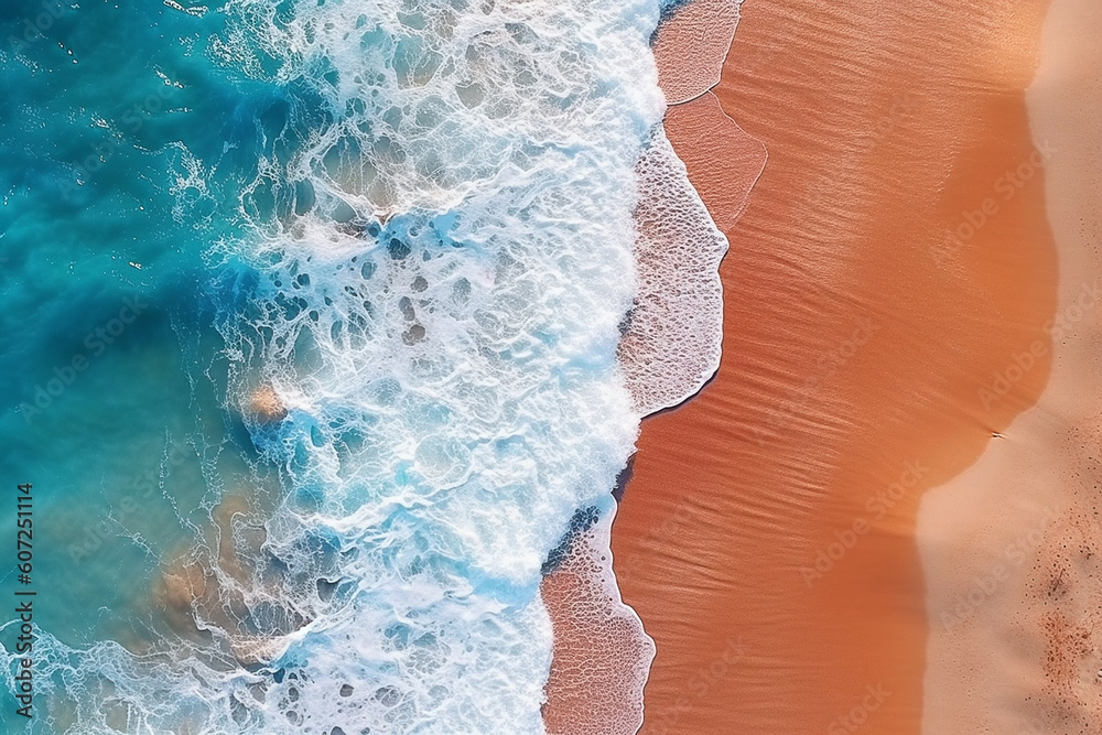 Sea waves on the beach as a background. Beautiful natural summer vacation background. Aerial view of beach and sea with blue water. AI Generative