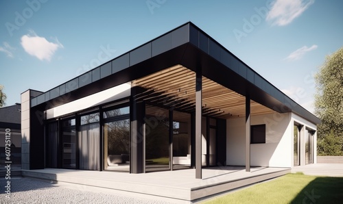 The modern house stood out with its striking black facade design. Creating using generative AI tools