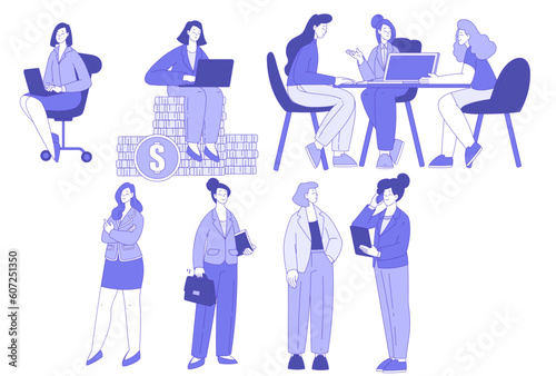 Successful Business Woman Character Making Deal and Money Earning Vector Set