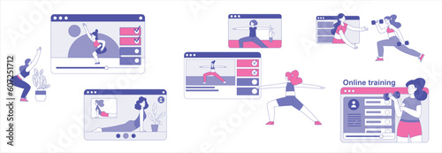 Woman Sport and Fitness Online Training and Workout with Coach Vector Set