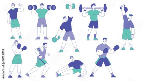 Young Male Doing Intensive Body Training and Sport Workout Vector Illustration Set