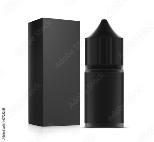 Black vape bottle with box mockup. Vector illustration isolated on white background. Can be used to present cigarette liquid, medical and other needs. EPS10.	