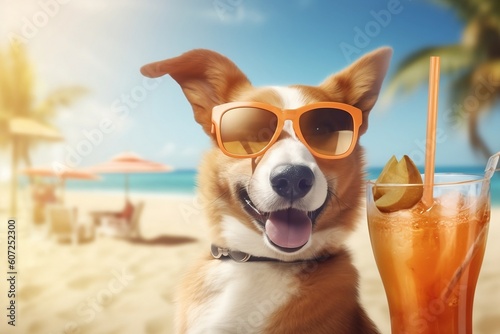 Cute puppy dog with a drink on the beach, summer concept. Generative AI © pcruciatti