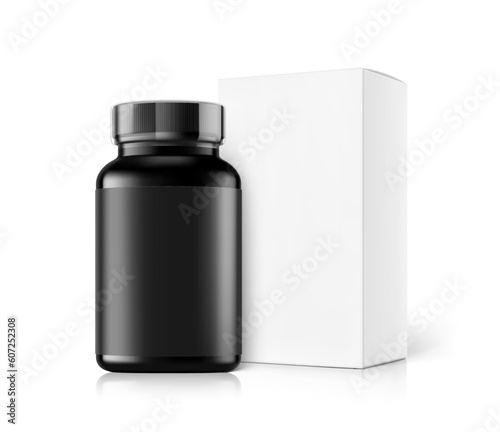 Realistic black bottle with box mockup set. Vector illustration isolated on white background. Can be used for medical, cosmetic, pharmacy, medicine, sport, food. EPS10.	