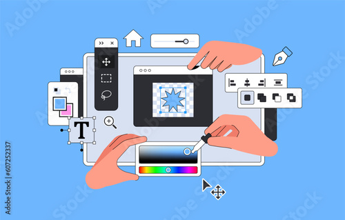 Ui Design Layout vector illustration with Hands. Tool for professional Digital Art  in Raster Graphics Editing. Designer Dashboard
 photo