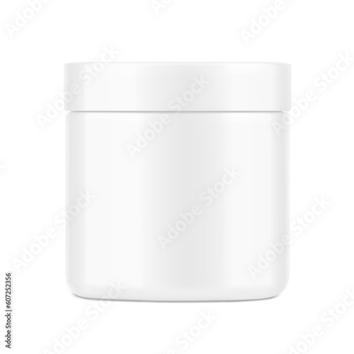 Round package container mockup. Vector illustration isolated on white background. Can be use for your design, advertising, promo and etc. Front view. EPS10.