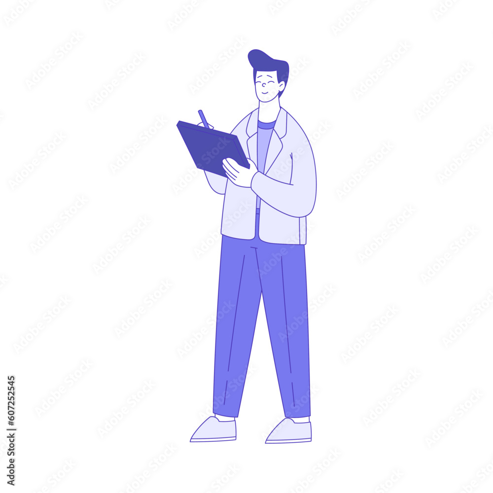 Business Man Character Standing with Tablet and Smiling Vector Illustration
