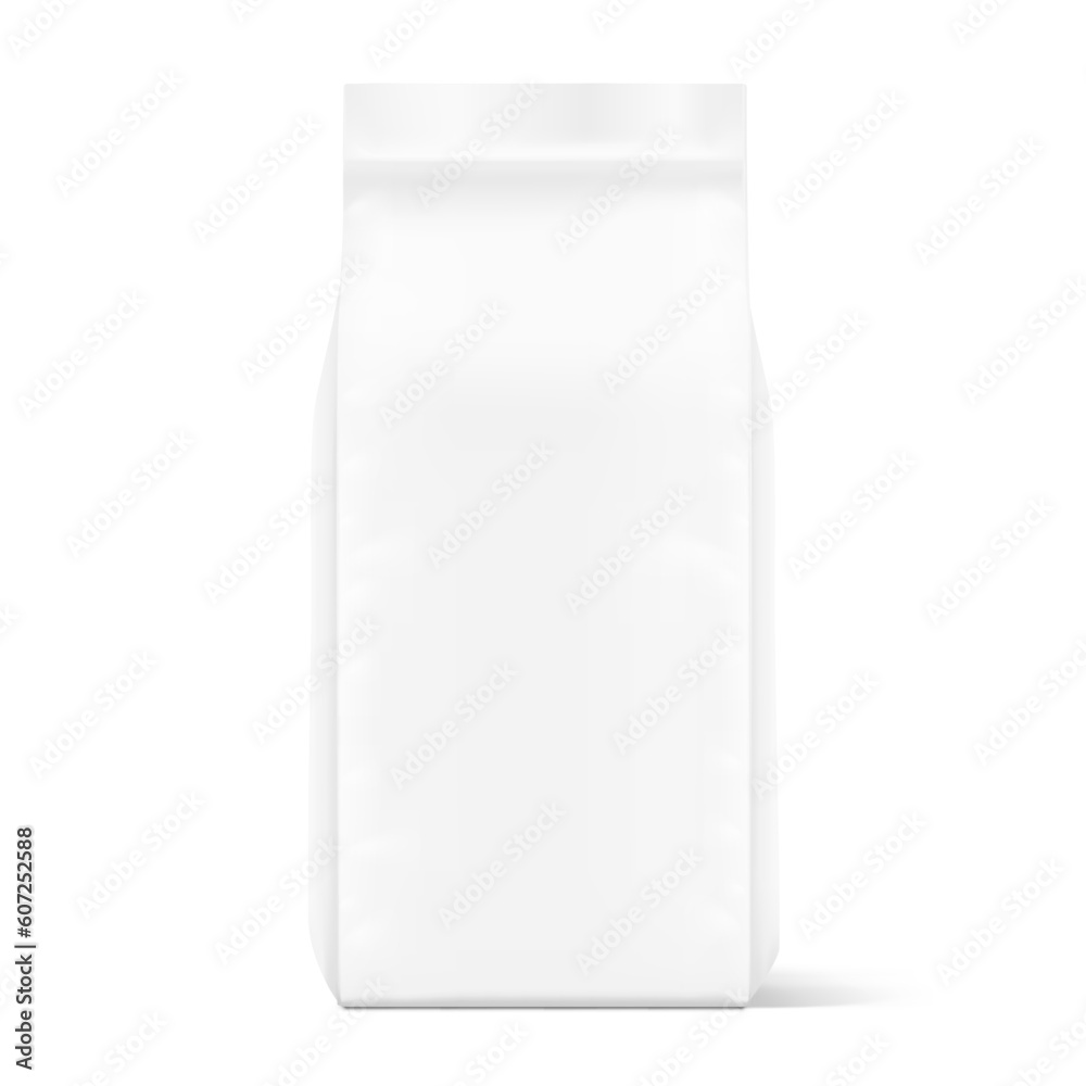 Realistic vertical gusseted bag mockup. Half side view. Vector illustration isolated on white background. Can be use for template your design, presentation, promo, ad. EPS10. Realistic vertical gusseted bag mockup. Half side view. Vector illustration isolated on white background. Can be use for template your design, presentation, promo, ad. EPS10.