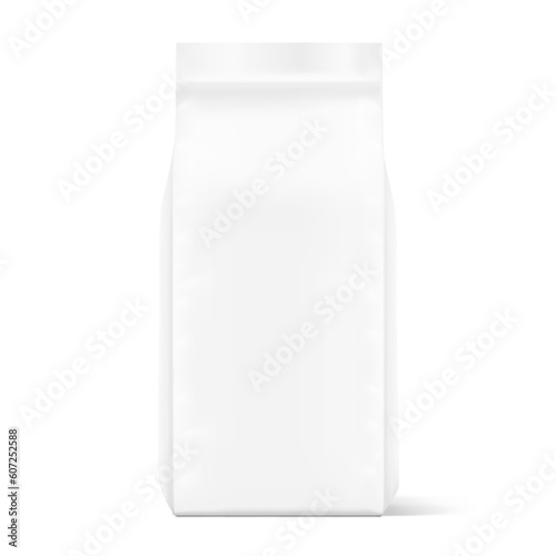 Realistic vertical gusseted bag mockup. Half side view. Vector illustration isolated on white background. Can be use for template your design, presentation, promo, ad. EPS10.