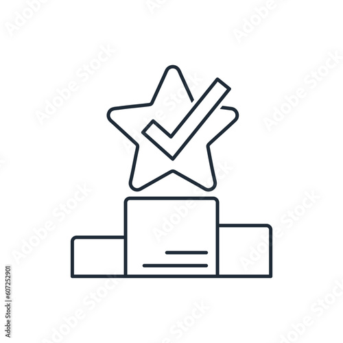Star with a checkmark on a pedestal. The best performance.Record achievement.Vector linear icon isolated on white background.