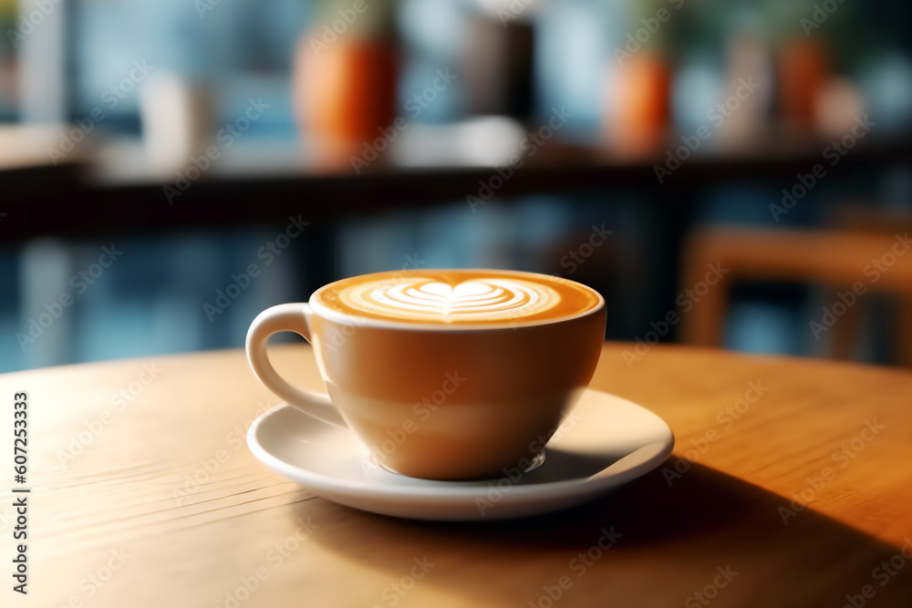 cup of coffee on a wooden table in a restaurant, AI generated