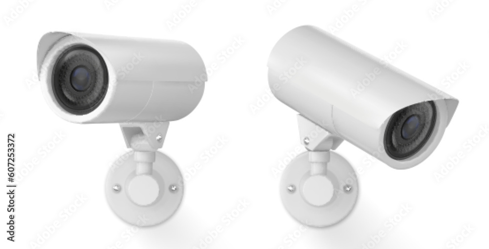 3d vector white safety security video spy camera. Cctv system equipment illustration for watch and recording hidden on street building wall. Realistic header concept for protect and observe privacy 3d vector white safety security video spy camera. Cctv system equipment illustration for watch and recording hidden on street building wall. Realistic header concept for protect and observe privacy