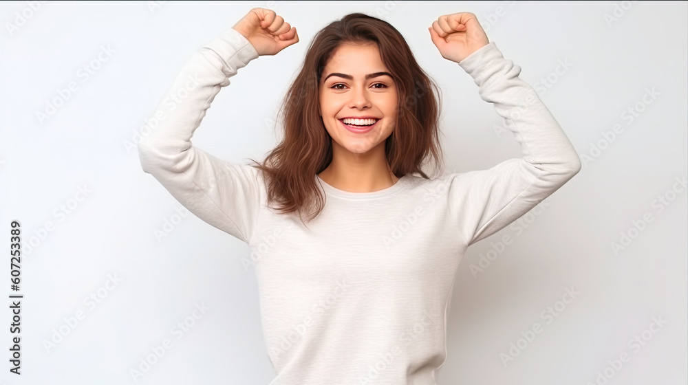 Young brunette woman with arms raised celebrating and smiling, Generative AI Young brunette woman with arms raised celebrating and smiling, Generative AI