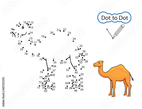 Dot to dot game. Kids art activity education worksheet. Finish drawing image of cute camel. Children drawn riddle by numbers. Vector illustration.