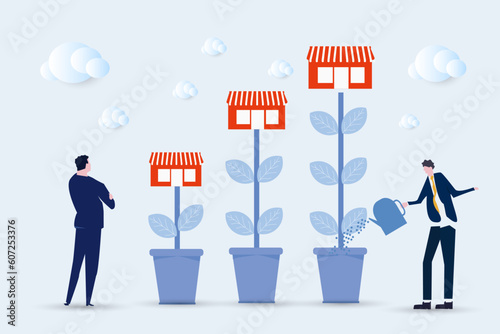 Franchise shop,business with growth tree.Real estate business promotional SME. vector illustration.