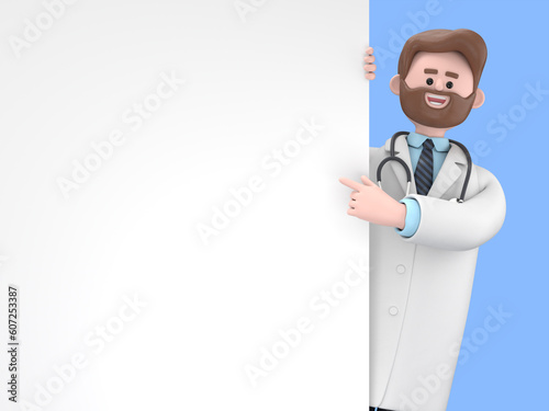 3D illustration of Male Doctor Iverson pointing finger at blank presentation or information board. Close up portrait of cute cartoon smiling businessman with advertising placard.
 photo