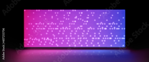 Realistic LED screen on stage. Vector illustration of large LCD display with glowing neon blue and pink dot lights isolated on black background. Concert hall, modern theater, night club decoration