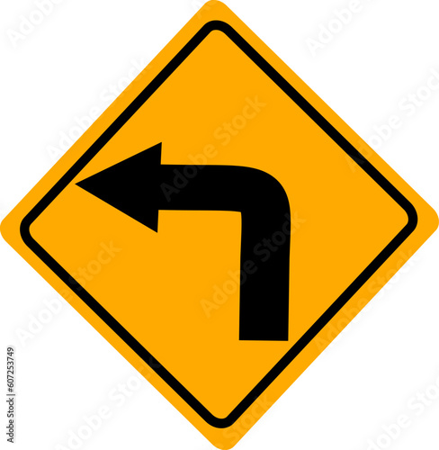 Turn left traffic road sign. Vector Illustration, Isolated on yellow background. Replaceable vector design.